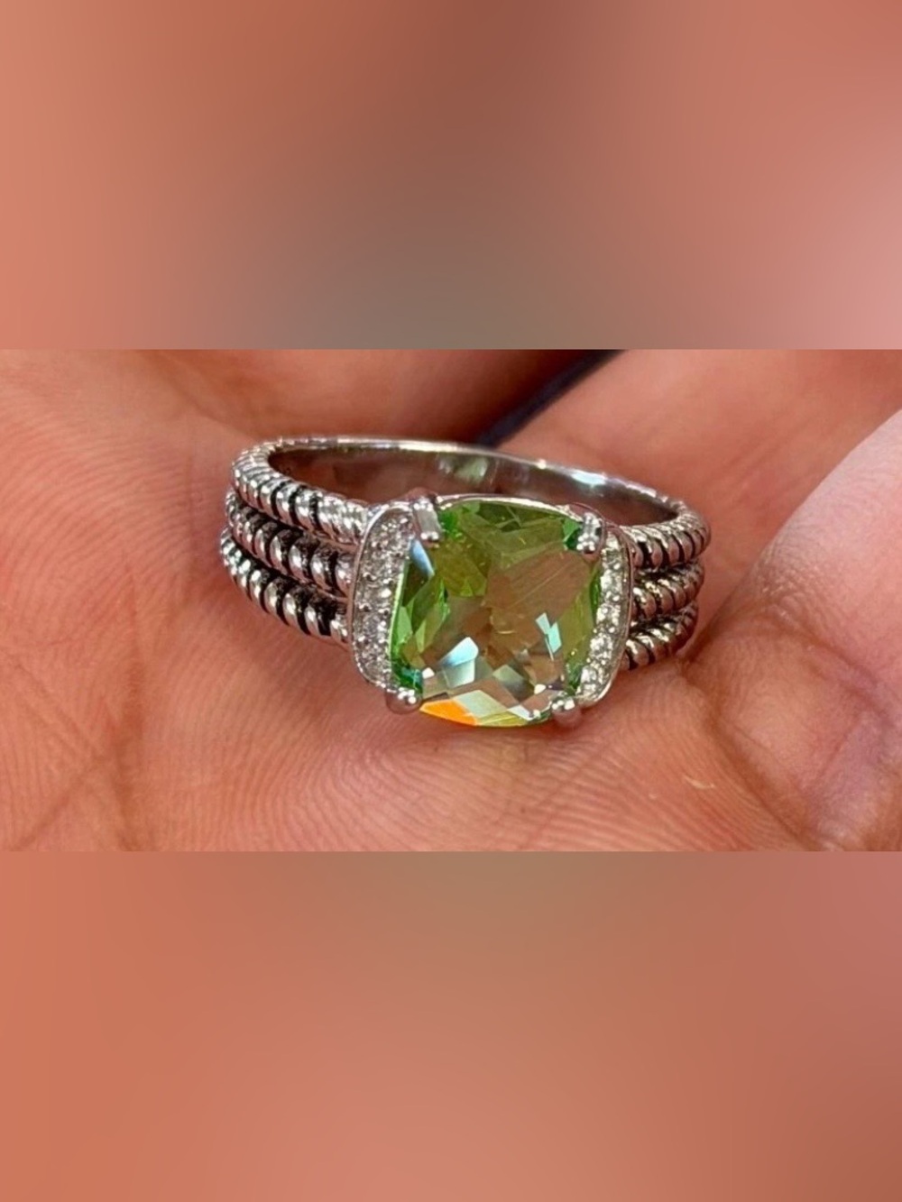 David Yurman Sterling Silver Petite Peridot & Diamond Wheaton Ring Size 6.5